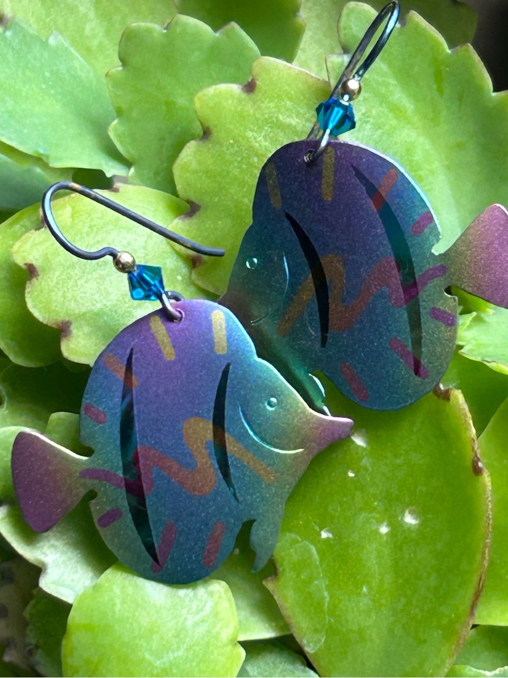 Vintage Iridescent Rainbow Fish Dangle Earrings Multicolor ocean seaside artisan